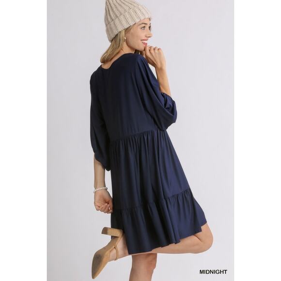 UMGEE Navy Floral Embroidered V-Neck Tiered Ruffle Boho Babydoll Dress Size S - Picture 6 of 10